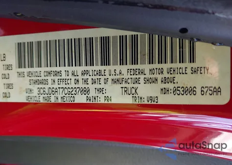 2012 Ram 1500 St z USA, uszkodzony, nr VIN 3C6JD6AT7CG237080